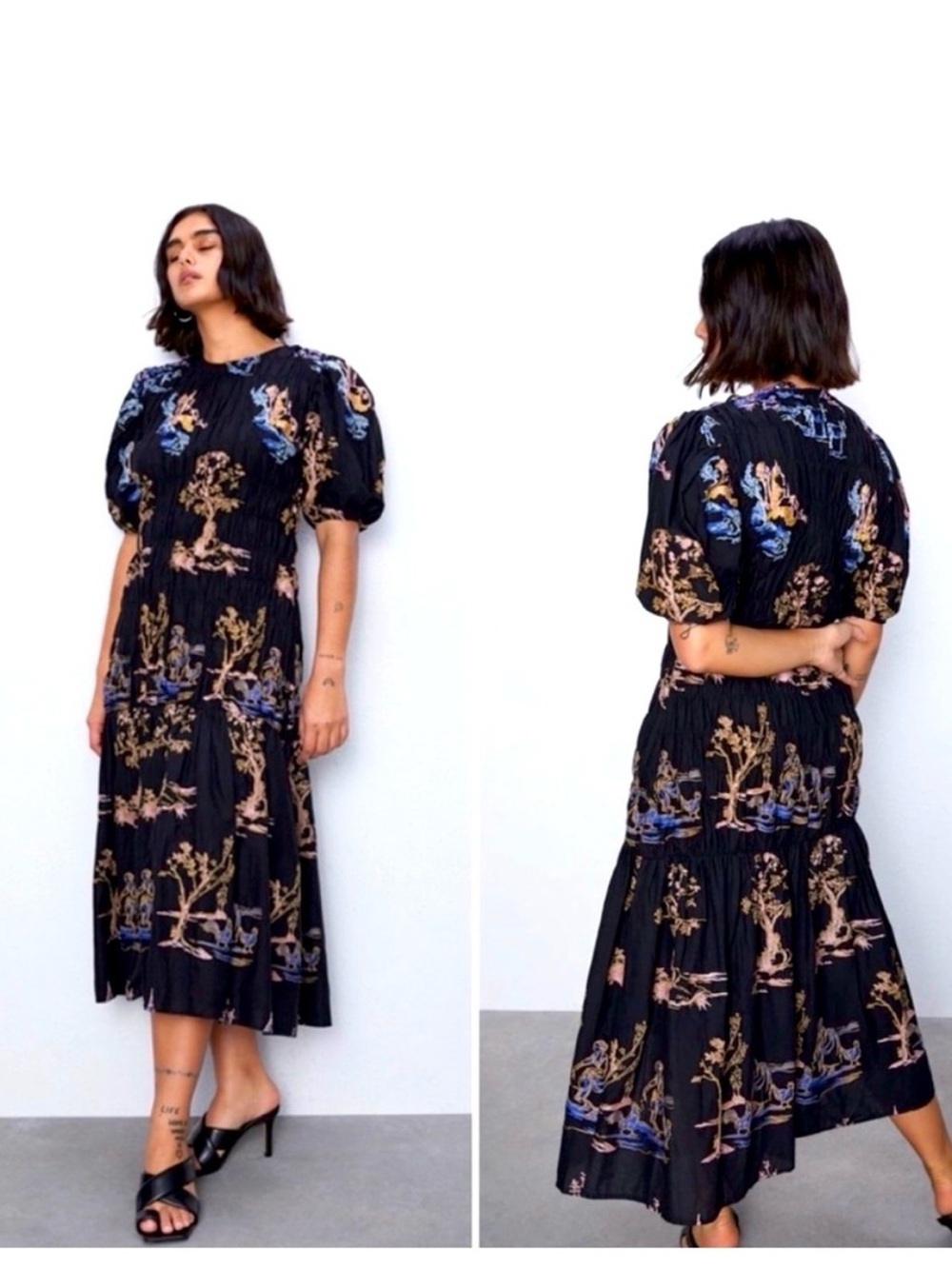 ZARA BLACK MIDI SMOCK PUFF SLEEVE RUFFLE HEM
EMBRO